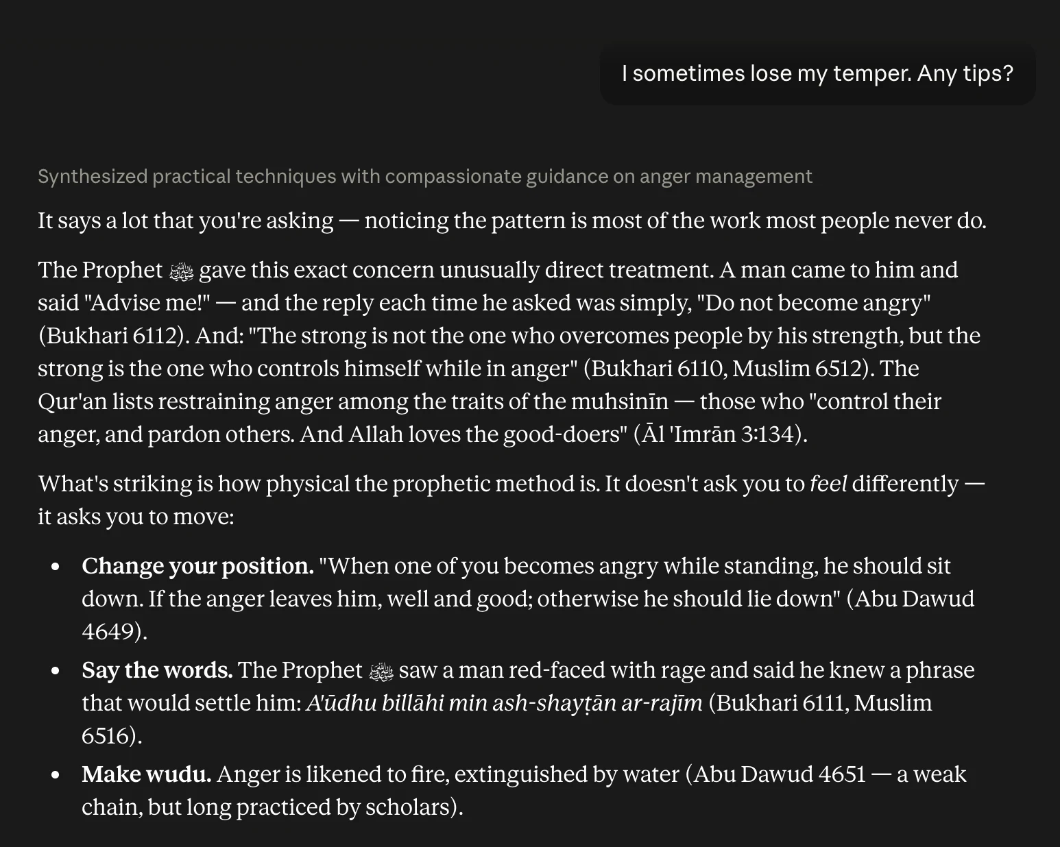 Claude answering the same question with the prompt active: the same practical help now grounded in the Prophet's counsel on anger, with Qur'anic and hadith citations