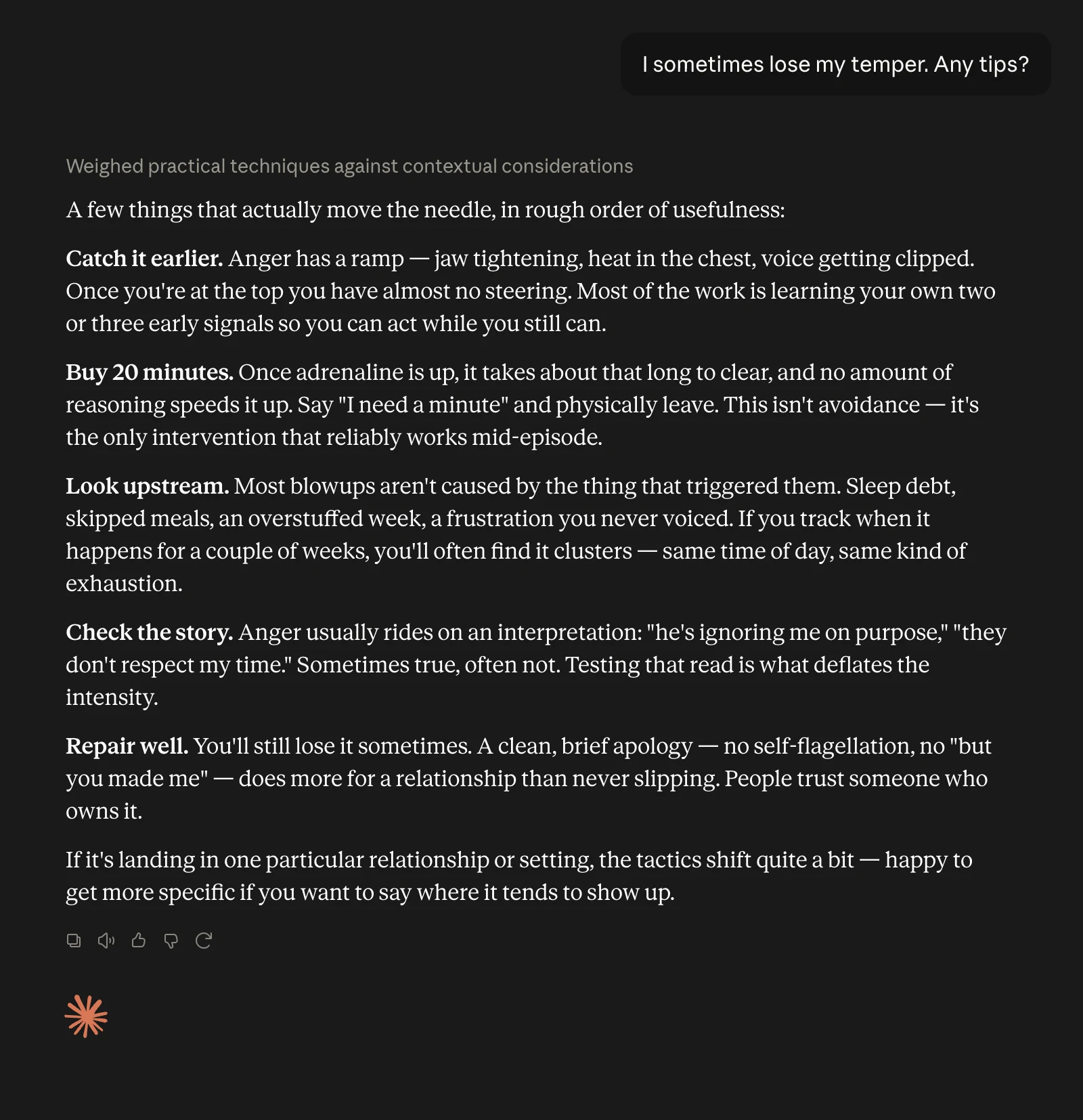Claude answering "I sometimes lose my temper. Any tips?" without the prompt: well-organised anger-management techniques with no mention of faith